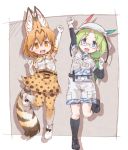  2girls animal_ears bare_shoulders belt boots bucket_hat camouflage_trim commentary_request elbow_gloves eyebrows_visible_through_hair fanny_pack feathers glasses gloves green_hair hair_tie hat high-waist_skirt highres kemono_friends khakis kneehighs kolshica long_hair mirai_(kemono_friends) multicolored_hair multiple_girls serval_(kemono_friends) serval_ears serval_print serval_tail shoes short_sleeves shorts skirt sleeveless sneakers standing standing_on_one_leg tail thigh-highs 