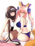  2girls animal_ears ass back bangs bare_shoulders black_ribbon blue_bra blue_panties blush bow bra breasts brown_hair closed_mouth fate/extra fate/grand_order fate_(series) fox_ears fox_tail hair_between_eyes hair_bow hair_ribbon hairband large_breasts long_hair looking_at_viewer looking_back low_twintails multiple_girls osakabe-hime_(fate/grand_order) panties pink_hair purple_bow ribbon sidelocks simple_background sitting smile tail tamamo_(fate)_(all) tamamo_no_mae_(fate) thighs twintails underwear untsue very_long_hair violet_eyes waist white_background white_bra white_panties yellow_eyes 
