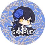  1girl bangs black_footwear black_hair blue_flower blue_rose blush_stickers brown_eyes brown_gloves brown_legwear chibi closed_mouth dress elbow_gloves eyebrows_visible_through_hair fan fingerless_gloves flower girls_frontline gloves hair_between_eyes hair_flower hair_ornament holding holding_fan ia_(ias1010) long_hair looking_at_viewer pantyhose paper_fan qbz-95_(girls_frontline) rose sample smile solo very_long_hair white_dress 