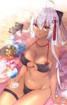  1girl ahoge arm_support bare_shoulders beach bikini black_bikini bottle bow breasts brown_eyes center_opening cleavage cocktail collarbone commentary crazy_straw dark_skin drink drinking_straw dripping erect_nipples eyebrows_visible_through_hair fate/grand_order fate_(series) fingernails hair_between_eyes hair_bow hair_ornament hat heart_straw highres large_breasts leg_ribbon lips long_hair looking_at_viewer navel nekomiya_noru_(yuduki710) okita_souji_(alter)_(fate) okita_souji_(fate)_(all) ribbon sand solo swimsuit tassel thigh_gap very_long_hair white_hair 