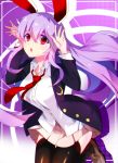  1girl :o animal_ears bangs black_legwear breasts buttons crescent crescent_moon_pin eyebrows_visible_through_hair hair_between_eyes jacket kkis-i long_hair long_sleeves looking_at_viewer necktie open_clothes open_jacket open_mouth purple_hair rabbit_ears red_eyes red_neckwear reisen_udongein_inaba shirt skirt solo tagme thigh-highs touhou white_shirt wing_collar 