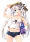  1girl :d alternate_costume arm_up armpits bag bankoku_ayuya blue_eyes bow bracelet breasts camisole casual commentary contemporary contrapposto cowboy_shot crop_top denim denim_shorts eyebrows_visible_through_hair fate/grand_order fate_(series) grey_hair hand_on_headwear hat hat_bow jewelry long_hair looking_at_viewer marie_antoinette_(fate/grand_order) midriff navel open_mouth short_shorts shorts shoulder_bag simple_background small_breasts smile solo straw_hat twintails very_long_hair white_background 