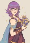  1girl bangs bare_shoulders book breasts cape commentary dress english_commentary fire_emblem fire_emblem:_seima_no_kouseki from_side highres holding holding_book jewelry jivke long_hair looking_at_viewer lute_(fire_emblem) parted_lips purple_hair short_hair smile solo twintails violet_eyes 