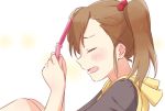  1girl blush brown_hair cellphone closed_eyes demirinz flip_phone futami_mami hair_bobbles hair_ornament hood hoodie idolmaster idolmaster_(classic) idolmaster_million_live! long_hair open_mouth phone side_ponytail solo upper_body 