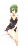  1girl ascot breasts chemise cleavage collarbone erect_nipples green_hair hand_on_thigh highres kazami_yuuka lips medium_breasts non_(z-art) on_bed parted_lips red_eyes sitting thighs touhou 