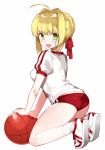  1girl :d ahoge ass ball bangs basketball blonde_hair braid breasts buruma fate/grand_order fate_(series) from_side full_body green_eyes gym_shirt gym_uniform hair_intakes hair_ribbon hasegawa_(rarairairai) highres kneeling looking_at_viewer looking_to_the_side medium_breasts nero_claudius_(fate) nero_claudius_(fate)_(all) olympian_bloomers open_mouth red_buruma red_ribbon ribbon shirt shoes short_hair short_sleeves simple_background smile sneakers socks solo white_background white_legwear 