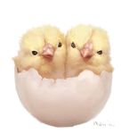  bird black_eyes chick commentary_request egg highres looking_at_viewer manino_(mofuritaionaka) no_humans original signature simple_background white_background 