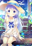 1girl arm_support bag bangs blue_bow blue_eyes blue_flower blue_hair blue_sky blurry blurry_background blush bow brown_hat chinomaron clouds cloudy_sky collarbone commentary_request day depth_of_field eyebrows_visible_through_hair flower gochuumon_wa_usagi_desu_ka? hair_between_eyes hair_ornament hair_tucking hand_up hat hat_bow head_tilt highres kafuu_chino long_hair looking_at_viewer outdoors parted_lips pleated_skirt puffy_short_sleeves puffy_sleeves purple_flower sailor_collar shirt short_sleeves shoulder_bag signature sitting skirt sky solo striped striped_bow sun_hat twitter_username very_long_hair white_sailor_collar white_shirt white_skirt x_hair_ornament 