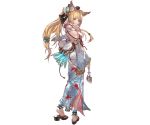  1girl animal animal_ears animal_print bare_shoulders barefoot blonde_hair braid erune fish fish_print from_behind full_body granblue_fantasy hair_ornament holding japanese_clothes kimono long_hair looking_at_viewer looking_back minaba_hideo official_art open_mouth sandals sash smile solo standing transparent_background violet_eyes wide_sleeves yuisis_(granblue_fantasy) 