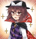  1girl :d black_cape black_hat blush bow brown_eyes brown_hair cape commentary_request e.o. emphasis_lines eyebrows_visible_through_hair fedora glasses gradient gradient_background hair_between_eyes hat hat_bow long_sleeves looking_at_viewer open_mouth orange_background plaid plaid_vest purple_vest red-framed_eyewear shirt short_hair smile solo sparkle touhou upper_body usami_sumireko vest white_background white_bow white_shirt wing_collar 