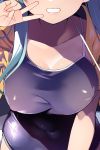  1girl aqua_hair breasts brown_jacket byte_(allbyte) cleavage close-up collarbone covered_navel erect_nipples grin head_out_of_frame highres jacket kantai_collection large_breasts long_hair looking_at_viewer one-piece_swimsuit sidelocks smile solo suzuya_(kantai_collection) swimsuit upper_body v work_in_progress 