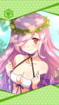  1girl artist_request blush breasts cleavage cleavage_cutout collarbone framed_image hair_ornament highres long_hair medium_breasts mistilteinn_(phantom_of_the_kill) official_art one_eye_covered orange_eyes phantom_of_the_kill pink_hair smile swimsuit white_swimsuit wreath 