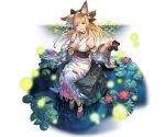  1girl animal_ears animal_print bangs bare_shoulders barefoot blonde_hair braid breasts bug collar collarbone erune eyebrows_visible_through_hair firefly fish fish_print full_body granblue_fantasy hair_ornament holding insect japanese_clothes kimono lily_pad long_hair looking_at_viewer medium_breasts minaba_hideo obi official_art open_mouth rock sandals sash sitting smile solo transparent_background violet_eyes water wide_sleeves yuisis_(granblue_fantasy) 
