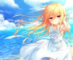  1girl arm_up bangs bare_shoulders blonde_hair blue_sky blush closed_mouth clouds cloudy_sky collarbone commentary_request day dress eyebrows_visible_through_hair hair_between_eyes hand_in_hair head_tilt horizon long_hair looking_at_viewer ocean original outdoors red_eyes ribbon shikitani_asuka sky sleeveless sleeveless_dress smile solo very_long_hair water white_dress white_ribbon 