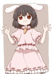  1girl animal_ears black_hair brown_background carrot_necklace closed_mouth commentary dress eyebrows_visible_through_hair frills inaba_tewi looking_at_viewer open_hands pink_dress poronegi rabbit_ears red_eyes short_hair smile solo touhou 