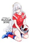  1girl 2018_fifa_world_cup anastasia_(fate/grand_order) blue_eyes blurry clothes_writing commentary_request depth_of_field fate/grand_order fate_(series) football_(object) football_uniform grey_hair hairband kinosuke_(sositeimanoga) kneeling long_hair looking_at_viewer original red_shirt russia shirt shoes shorts sneakers soccer soccer_uniform solo sportswear telstar_18 white_background world_cup 