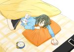  1girl absurdres alarm_clock bed black_shorts blue_bow blue_shirt blush_stickers bow cellphone clock closed_eyes grey_hair highres long_sleeves lying messy_hair on_stomach original pajamas parted_lips phone pillow sako_(user_ndpz5754) shirt short_hair shorts sleeping smartphone solid_circle_eyes solo stuffed_animal stuffed_bunny stuffed_toy under_covers 