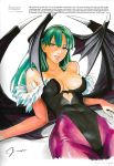  1girl artist_name bangs bare_shoulders bat_wings breasts bridal_gauntlets cleavage collarbone covered_navel demon_girl elbow_gloves feather_trim gloves green_eyes green_hair head_wings highleg highleg_leotard highres large_breasts leotard looking_at_viewer morrigan_aensland murata_yuusuke official_art page_number pantyhose parted_lips photo scan signature simple_background solo succubus vampire_(game) wings 