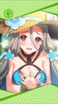 1girl aqua_swimsuit artist_request bead_bracelet beads blush bracelet breasts cleavage flower framed_image hair_between_eyes hair_flower hair_ornament hands_on_own_chest hat highres jewelry large_breasts long_hair official_art open_mouth phantom_of_the_kill red_eyes rhongomyniad_(phantom_of_the_kill) ring silver_hair smile sun_hat swimsuit 