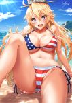  1girl ahoge american_flag_bikini arm_support artist_name bikini blonde_hair blue_eyes blush breasts collarbone day flag_print hair_between_eyes headgear highres iowa_(kantai_collection) kantai_collection large_breasts leg_up light_rays long_hair looking_at_viewer navel open_mouth outdoors sakiyamama sand side-tie_bikini sidelocks sitting solo star star-shaped_pupils swimsuit symbol-shaped_pupils 