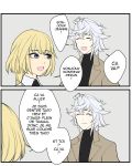  1boy 1girl 2koma bangs blonde_hair blue_eyes braid closed_eyes colored comic commentary english english_commentary fate/grand_order fate_(series) french grey_background hair_between_eyes jeanne_d&#039;arc_(fate) jeanne_d&#039;arc_(fate)_(all) kyou_(ningiou) merlin_(fate) open_mouth short_hair single_braid smile the_office translation_request twitter_username white_hair 