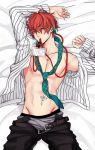  1boy arm_up blue_eyes boxer_briefs closed_mouth edging_briefs green_neckwear highres hypnosis_mic kannonzaka_doppo lanyard looking_at_viewer male_focus male_underwear mouth_hold name_tag necktie nipples open_clothes open_shirt pinstripe_pattern redhead sahara_(hakuro_ks) solo striped underwear 