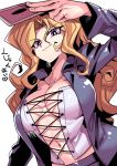  1girl arm_up blonde_hair breasts card coat corset heart kujaku_mai large_breasts long_sleeves navel smile solo text_focus translated tsuki_wani upper_body violet_eyes yu-gi-oh! yuu-gi-ou yuu-gi-ou_duel_monsters 