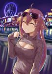  1girl absurdres ahoge alternate_costume aviator_sunglasses bangs blonde_hair blurry blurry_background blush breasts city_lights closed_eyes eyebrows_visible_through_hair eyewear_on_head ferris_wheel girls_frontline green_eyes hands highres large_breasts long_hair looking_at_viewer m1918_bar_(girls_frontline) meme_attire night open-chest_sweater outdoors parted_lips ribbed_sweater sidelocks smile solo sunglasses sweater upper_body very_long_hair 