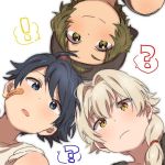  ! 3boys ? bandaid bandaid_on_face baseball_cap blue_eyes blue_hair child closed_mouth commentary_request enjouji_michiru from_below green_eyes green_hair hair_intakes hat idolmaster idolmaster_side-m kizaki_ren looking_at_viewer low_ponytail male_focus multiple_boys open_mouth ponytail silver_hair simple_background smile spoken_exclamation_mark spoken_question_mark taiga_takeru the_kogado white_background yellow_eyes younger 