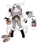  1girl absurdres antennae artist_name basket black_sclera boots capelet caterpillar_tracks commentary cup english_commentary full_body fur fur-trimmed_boots fur_collar fur_trim grey_eyes grey_hair highres holding holding_cup holding_watering_can long_hair matilda_vin monster_girl moth_girl moth_wings multiple_arms no_pupils original pants paws plant potted_plant simple_background solo watering_can white_background wings 