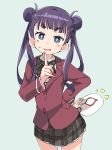  1girl aqua_background blue_eyes double_bun eyebrows_visible_through_hair grey_skirt hand_on_hip index_finger_raised ixy komadori_renge long_hair looking_at_viewer plaid plaid_skirt purple_hair school_uniform sekai_seifuku:_bouryaku_no_zvezda simple_background skirt solo twintails 