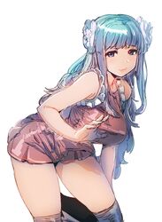  1girl bent_over blue_hair bow_(bhp) breasts brown_dress closed_mouth contrapposto dress hair_ornament large_breasts long_hair looking_at_viewer mole mole_under_eye original pantyhose pantyhose_pull short_dress smile solo violet_eyes white_background 