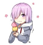  1girl :t bangs blush closed_mouth double_scoop drawstring eating eyebrows_visible_through_hair fate/grand_order fate_(series) food food_on_face grey_hoodie hair_over_one_eye holding holding_food hood hood_down hoodie ice_cream ice_cream_cone ice_cream_on_face looking_at_viewer mash_kyrielight moong_gya pink_hair signature simple_background solo violet_eyes white_background 
