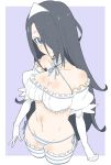  1girl absurdres bare_shoulders black_hair blue_eyes blue_neckwear blue_ribbon breasts cowboy_shot criss-cross_halter cropped_legs detached_sleeves donguri_suzume elbow_gloves gloves hair_over_one_eye halterneck highres large_breasts long_hair looking_at_viewer navel neck_ribbon one_eye_covered original panties parted_lips puffy_short_sleeves puffy_sleeves purple_background ribbon short_sleeves simple_background solo striped striped_panties thigh-highs triangular_headpiece underwear white_gloves 