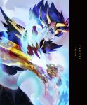  1boy aura blue_eyes blue_hair cancer_deathmask character_name dated fighting_stance fingerless_gloves from_side gauntlets ghost gloves gold_saint grey_background horns horocca looking_at_viewer looking_to_the_side male_focus parted_lips saint_seiya short_hair shoulder_armor solo spaulders 