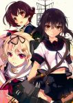  3girls :o :| absurdres black_hair blonde_hair blush brown_eyes cannon closed_mouth fubuki_(kantai_collection) hair_ornament hair_ribbon hairclip highres kantai_collection machinery multiple_girls mutsuki_(kantai_collection) neck_ribbon pleated_skirt red_eyes remodel_(kantai_collection) ribbon sailor_collar scan scarf shirokitsune skirt turret v-shaped_eyebrows white_background yuudachi_(kantai_collection) 