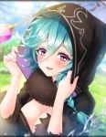  1girl alternate_costume aqua_hair artist_request avarice_(phantom_of_the_kill) blush braid breasts cleavage fur_collar hair_between_eyes hair_ornament hood large_breasts official_art open_mouth phantom_of_the_kill violet_eyes 