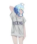 1girl ahoge blue_eyes blue_hair closed_mouth clothes_writing commentary_request grey_shirt highres litra_(ltr0312) naked_shirt original profile shirt short_hair short_sleeves simple_background solo standing white_background 