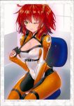  1girl absurdres akahito bangs blush bodysuit breasts chair cleavage covered_navel fate/grand_order fate_(series) fujimaru_ritsuka_(female) gloves highres medium_breasts one_eye_closed open_mouth page_number redhead scan shiny shiny_clothes shiny_hair shiny_skin side_ponytail sitting skin_tight solo sweat sweatdrop tattoo yellow_eyes 