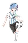  1girl 2018_fifa_world_cup adidas argentina ball bangs black_shorts blue_eyes blue_hair blush bracelet flower hair_ornament hair_over_one_eye hairband jewelry looking_at_viewer number numbers&#039;_uniform open_mouth re:zero_kara_hajimeru_isekai_seikatsu relaxjon rem_(re:zero) shirt short_hair shorts soccer soccer_ball soccer_uniform solo sportswear telstar_18 white_background white_legwear world_cup 