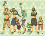  6+boys bangs bare_shoulders blonde_hair brown_hair closed_eyes crossed_arms detached_sleeves face_mask gerudo_link grey_hair hands_on_hips korok link mask master_sword midriff multiple_boys multiple_persona navel parted_bangs pose shorts smile strapless the_legend_of_zelda the_legend_of_zelda:_a_link_between_worlds the_legend_of_zelda:_breath_of_the_wild the_legend_of_zelda:_ocarina_of_time the_legend_of_zelda:_skyward_sword the_legend_of_zelda:_the_wind_waker the_legend_of_zelda:_twilight_princess toon_link triforce tubetop usushira veil young_link 