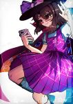  1girl asuku_(69-1-31) brown_eyes brown_hair cape cellphone commentary glasses hat hat_ribbon highres low_twintails phone ribbon school_uniform self_shot short_hair short_sleeves signature smartphone solo touhou twintails usami_sumireko violet_detector w 