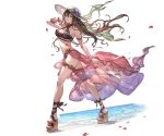  1girl armlet bag bangs bare_shoulders bikini bracelet breasts brown_hair cleavage floral_print full_body granblue_fantasy halterneck handbag hat holding jewelry large_breasts lips long_hair looking_at_viewer minaba_hideo nail_polish official_art parted_lips petals platform_footwear purple_bikini rosetta_(granblue_fantasy) sandals sarong see-through shiny smile solo standing sun_hat swimsuit thigh_strap transparent_background very_long_hair violet_eyes water 