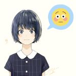  !! 1girl absurdres bangs blush bob_cut closed_mouth dated emoji eyebrows_visible_through_hair grey_eyes grey_hair highres looking_at_viewer original sako_(user_ndpz5754) shirt short_hair short_sleeves signature simple_background speech_bubble upper_body white_background wide-eyed 