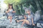 2girls :d ahoge animal animal_ears arm_support bangs bare_arms black_footwear blue_eyes blush breasts brown_hair cat cat_ears cleavage collarbone cooler day dress eyebrows_visible_through_hair food forest fox_ears fox_girl fox_tail hair_between_eyes hand_up holding holding_food long_hair multiple_girls nature open_mouth original outdoors popsicle red_eyes river rock sandals short_sleeves silver_hair sitting skirt_hold sleeveless sleeveless_dress small_breasts smile soaking_feet sparkle splashing standing standing_on_one_leg tail tandohark very_long_hair wading water waterfall white_dress 