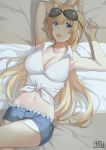  1girl aemu_(august_life) animal_ears blonde_hair blue_eyes breasts cleavage denim denim_shorts girls_frontline goggles goggles_on_head large_breasts long_hair mossberg_500_(girls_frontline) on_bed shirt short_shorts shorts signature smile tied_shirt twitter_username very_long_hair 