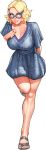  1girl bangs bbc-chan blonde_hair blue-framed_eyewear blue_dress breasts buck_teeth cleavage commentary dress english_commentary eroge forehead full_body green_eyes hair_ornament hair_pulled_back hairclip highres large_breasts lea_(sylvia) looking_up nose parted_bangs sandals short_hair solo standing standing_on_one_leg sundress sylvia_(game) toenail_polish transparent_background visual_novel 