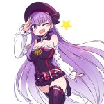  1girl ;d arm_at_side arm_up bare_shoulders bb_(fate/extra_ccc) blush_stickers breasts chan_co cleavage commentary_request cosplay detached_collar detached_sleeves dress eyebrows_visible_through_hair fate/grand_order fate_(series) hat helena_blavatsky_(fate/grand_order) helena_blavatsky_(fate/grand_order)_(cosplay) large_breasts leg_up long_hair long_sleeves looking_at_viewer one_eye_closed open_mouth purple_dress purple_hair purple_legwear salute short_dress simple_background sleeves_past_wrists smile solo star thigh-highs very_long_hair violet_eyes 