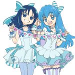  2girls bangs blue_eyes blue_hair bow choker commentary_request dress eyebrows_visible_through_hair frilled_dress frills fujise grin hair_bow hand_holding happinesscharge_precure! heart heartcatch_precure! interlocked_fingers kurumi_erika long_hair multiple_girls open_mouth pantyhose precure puffy_short_sleeves puffy_sleeves pun round_teeth shirayuki_hime short_sleeves simple_background sleeveless smile teeth thick_eyebrows thigh-highs white_background wrist_cuffs zettai_ryouiki 