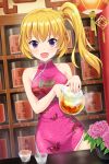  1girl alternative_girls animal_print bangs bare_shoulders blonde_hair blush breasts butterfly_print china_dress chinese_clothes collarbone cup dress drinking_glass floral_print flower flower_pot glass highres holding_teapot indoors lantern long_hair looking_at_viewer medium_breasts mizushima_airi official_art open_mouth paper_lantern pink_dress pink_flower plant potted_plant shot_glass side_ponytail sleeveless sleeveless_dress smile standing tea teapot violet_eyes 